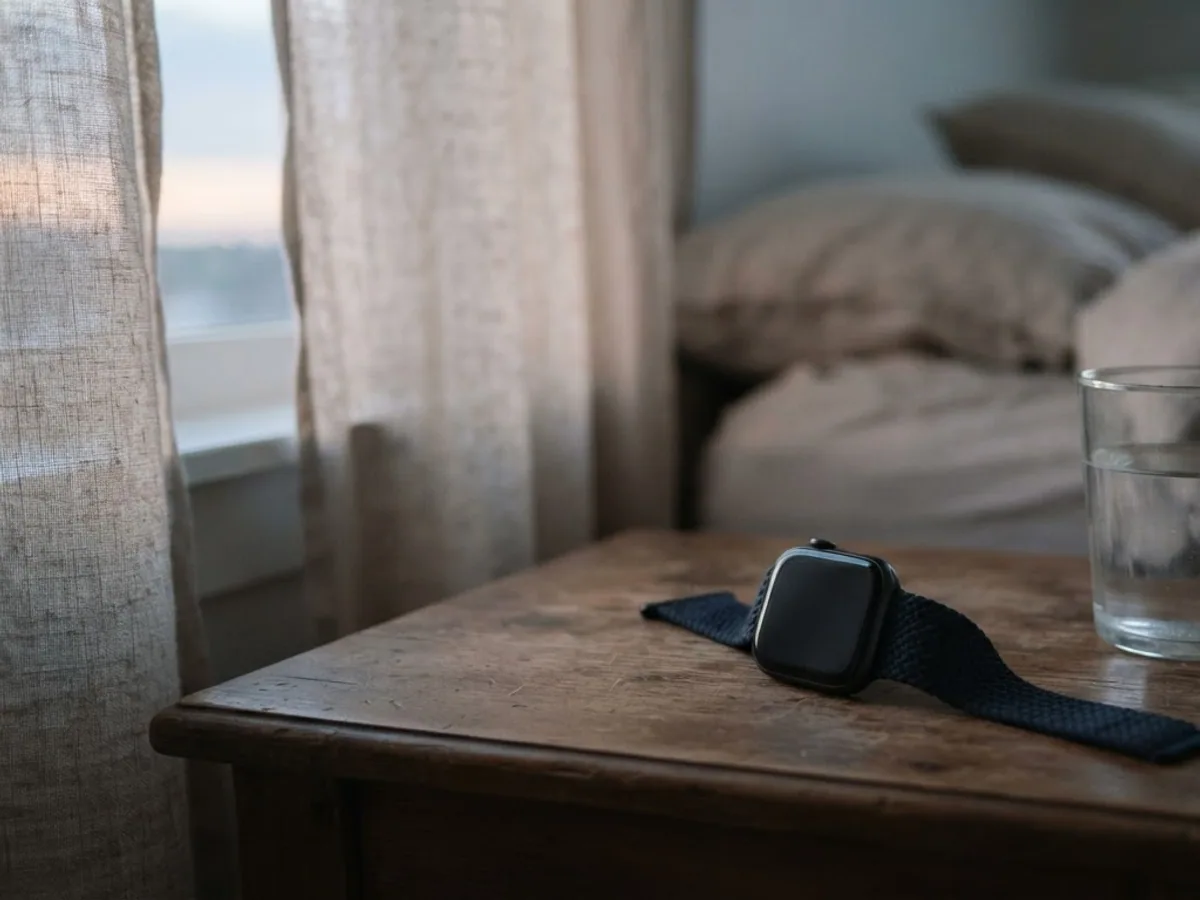 A square smartwatch with a braided band on a bedside table next to a glass of water at dawn