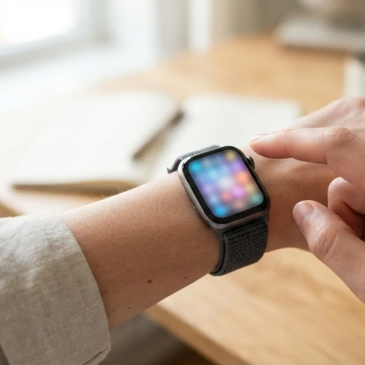 A wrist wearing a square smartwatch showing a blurred grid of app icons while the other hand reaches to tap it