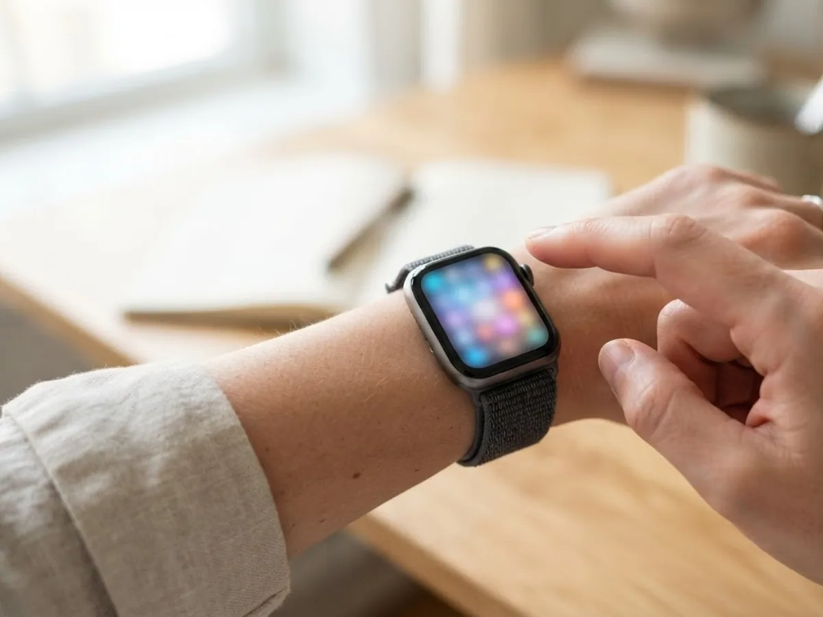 A wrist wearing a square smartwatch showing a blurred grid of app icons while the other hand reaches to tap it