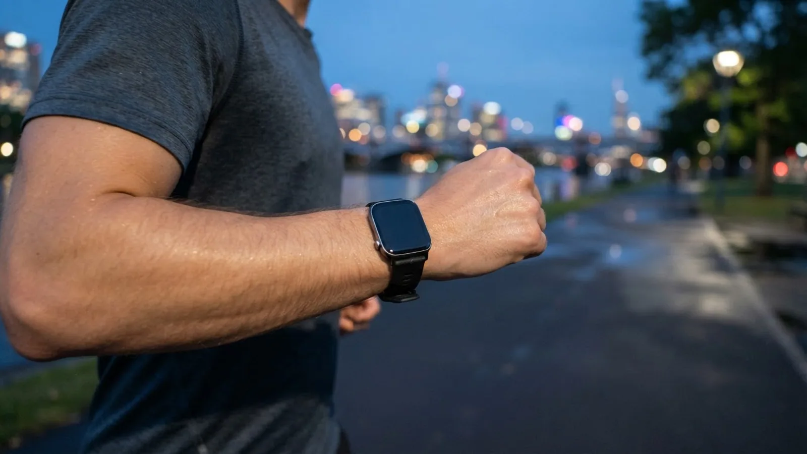 A runner's wrist wearing a square smartwatch on a riverside path at dusk with city lights behind