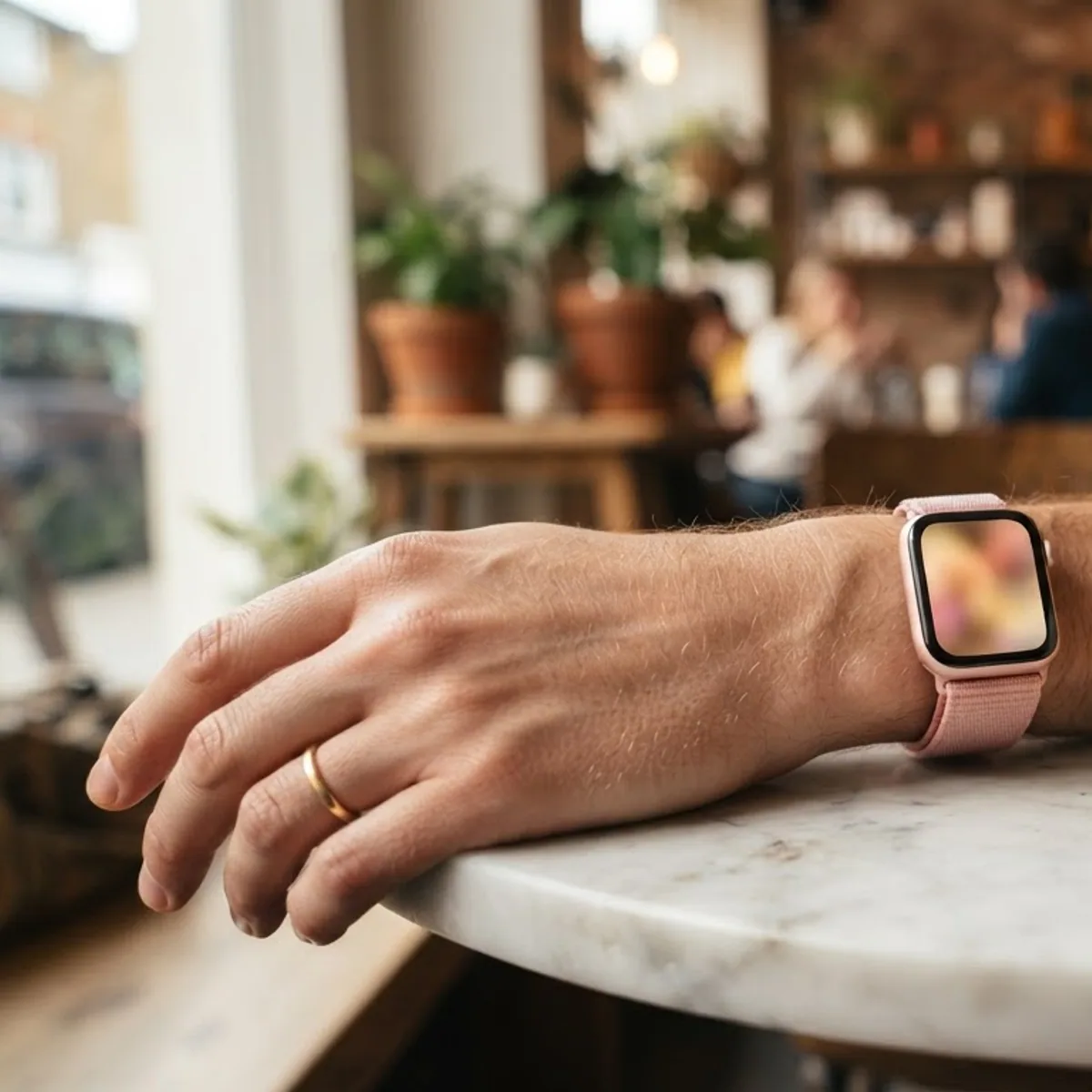 Forearm on a marble cafe table wearing a square smartwatch with a pink band and a softly colored screen, next to a latte