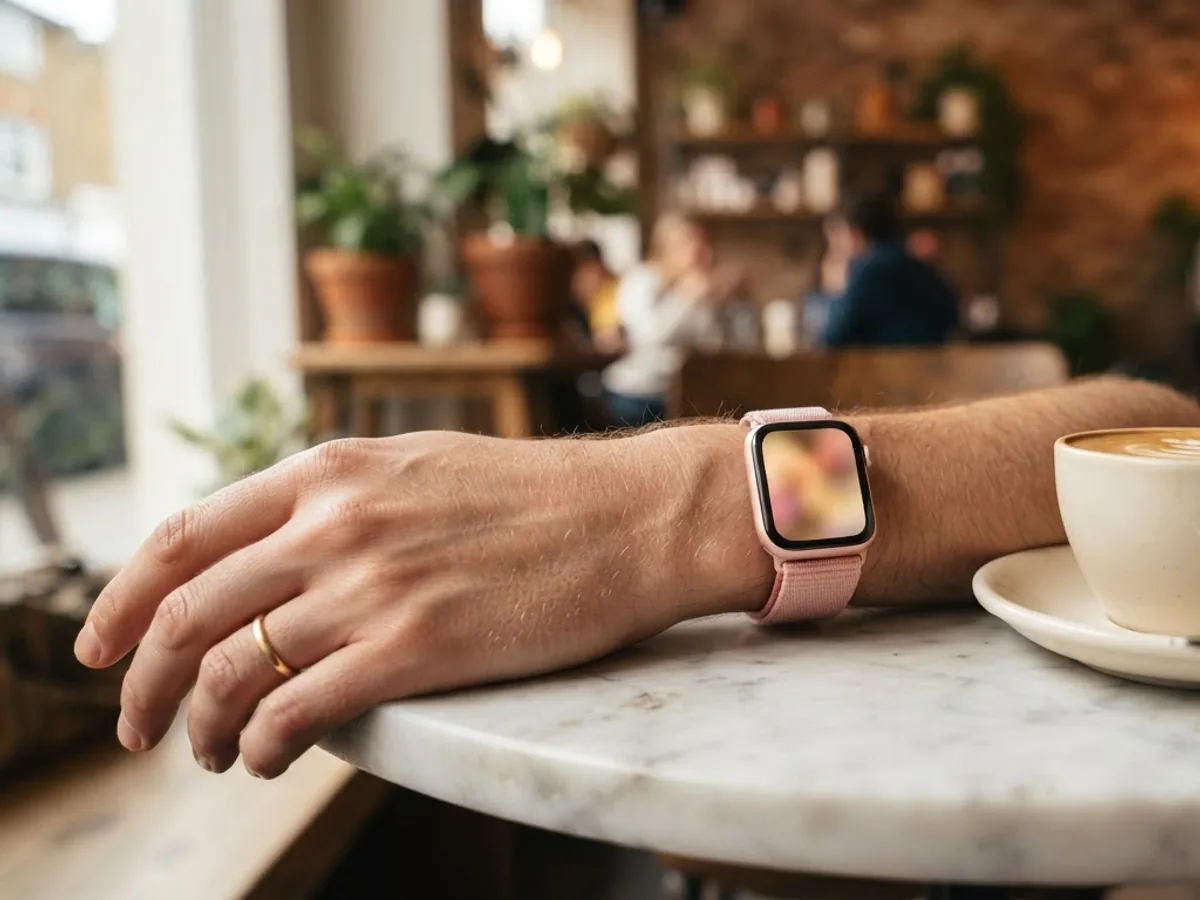 Forearm on a marble cafe table wearing a square smartwatch with a pink band and a softly colored screen, next to a latte