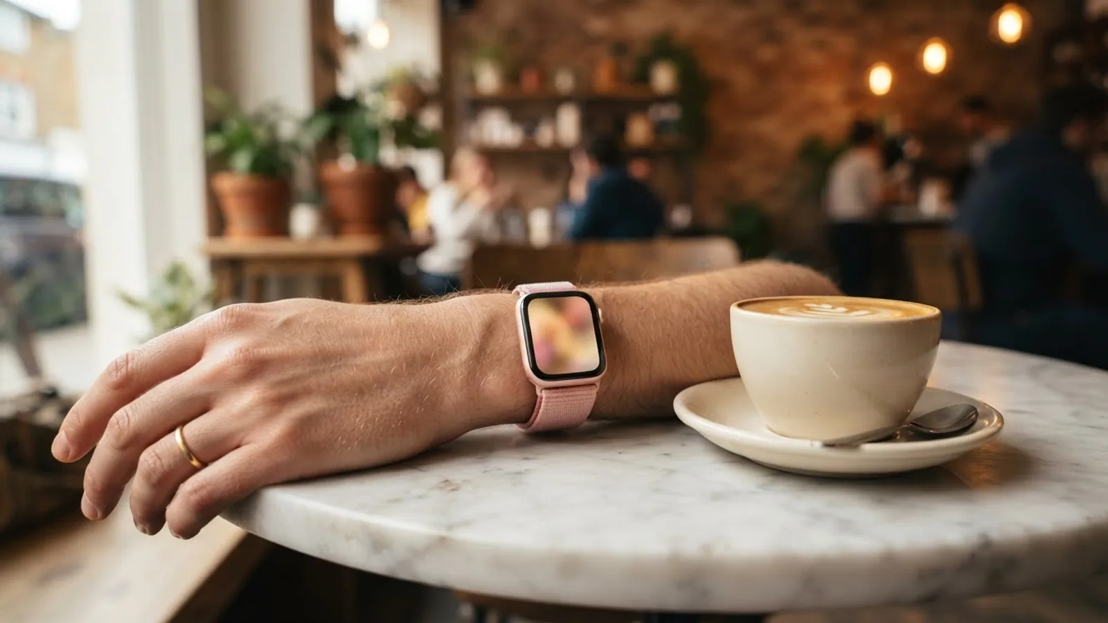 Forearm on a marble cafe table wearing a square smartwatch with a pink band and a softly colored screen, next to a latte