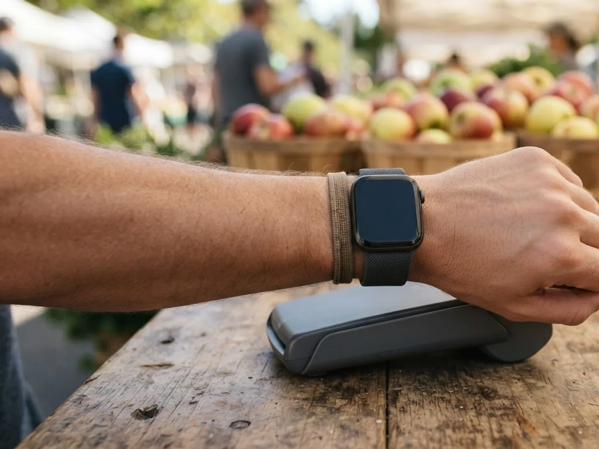 A wrist wearing a square smartwatch held over a payment terminal at a farmers market stall with baskets of apples