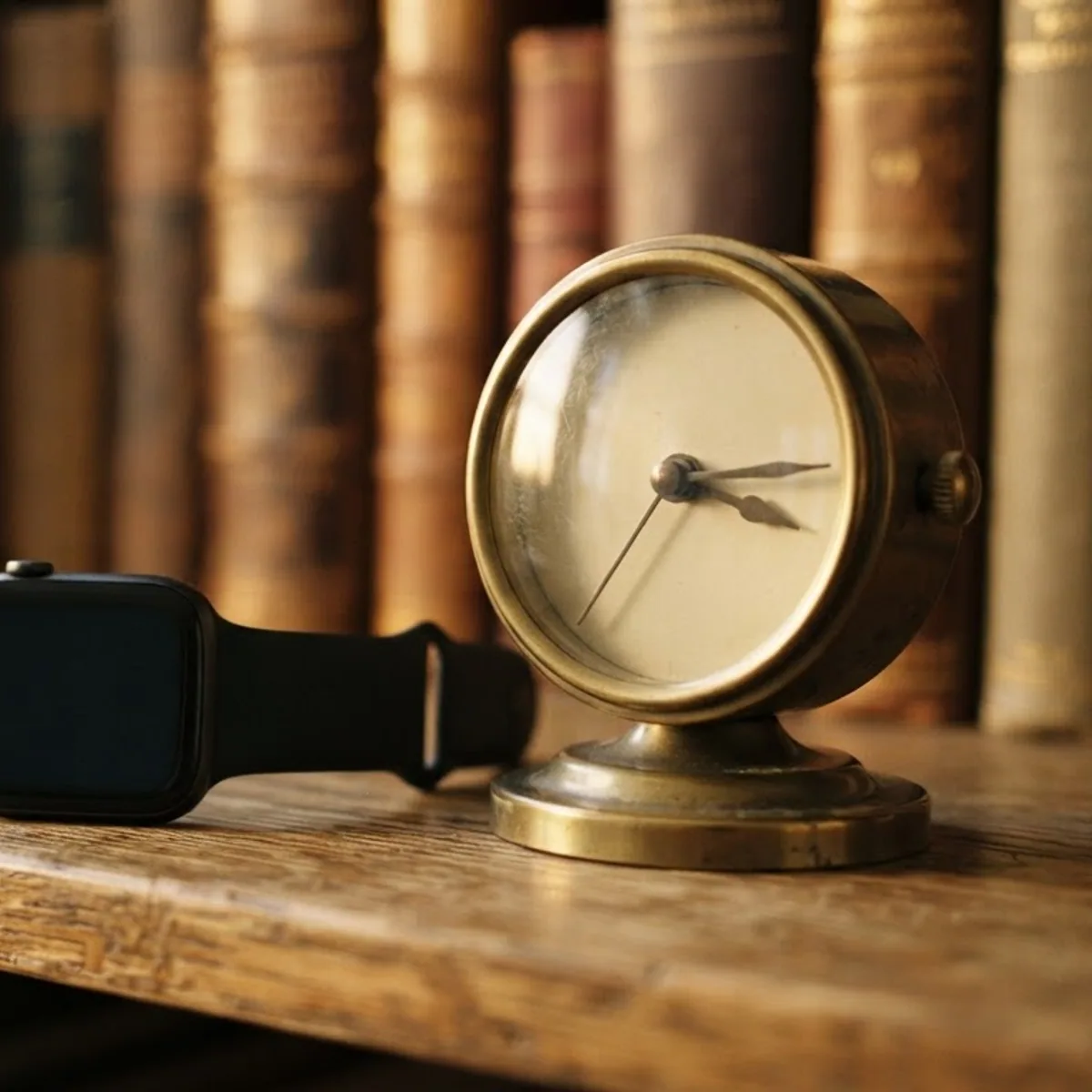 A square smartwatch on a wooden bookshelf beside a brass analog desk clock