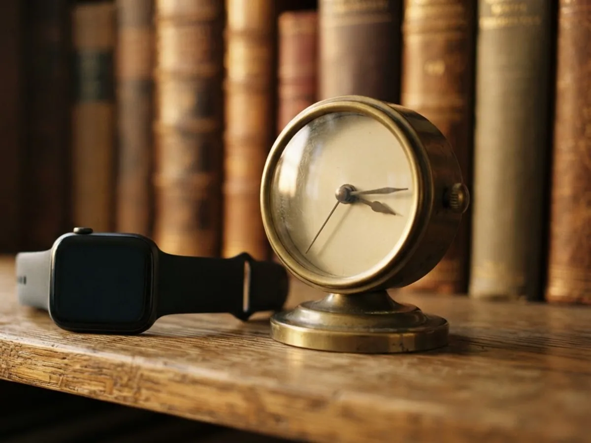 A square smartwatch on a wooden bookshelf beside a brass analog desk clock