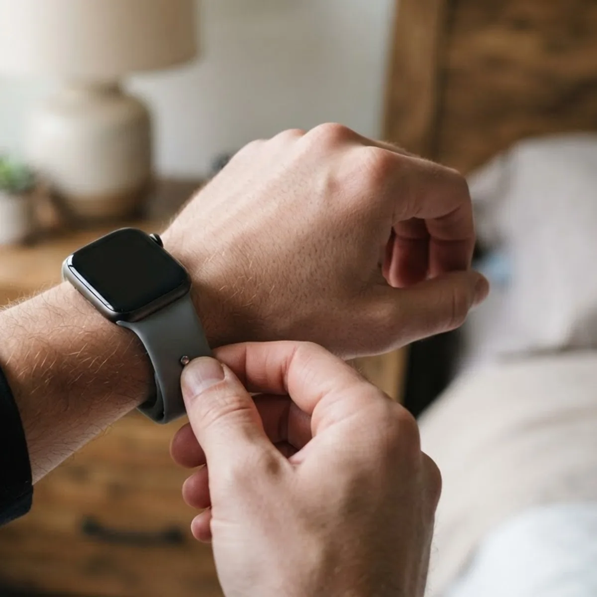 Two hands fastening the sport band of a square smartwatch onto a wrist in a bedroom