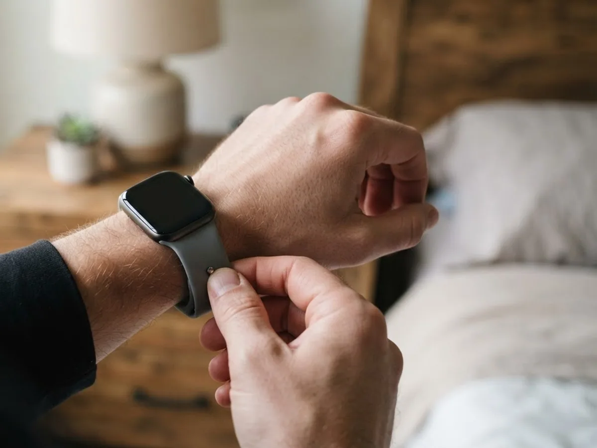 Two hands fastening the sport band of a square smartwatch onto a wrist in a bedroom