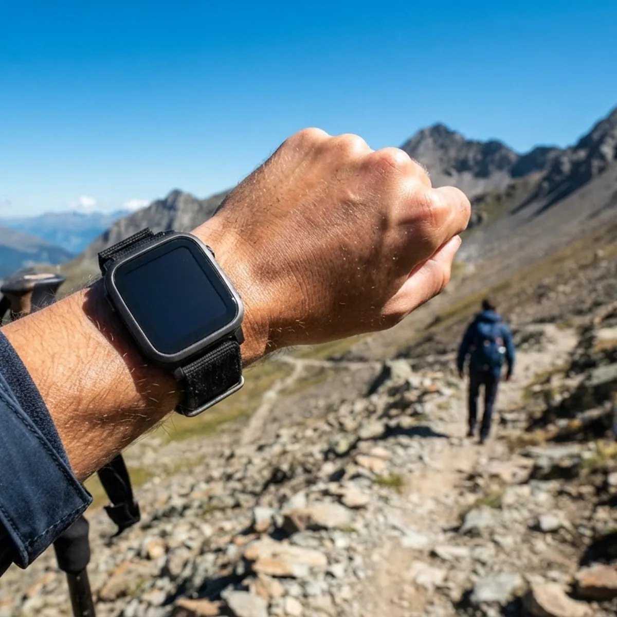 A hiker's raised wrist wearing a square smartwatch on a rocky mountain trail, with a second hiker further up the path