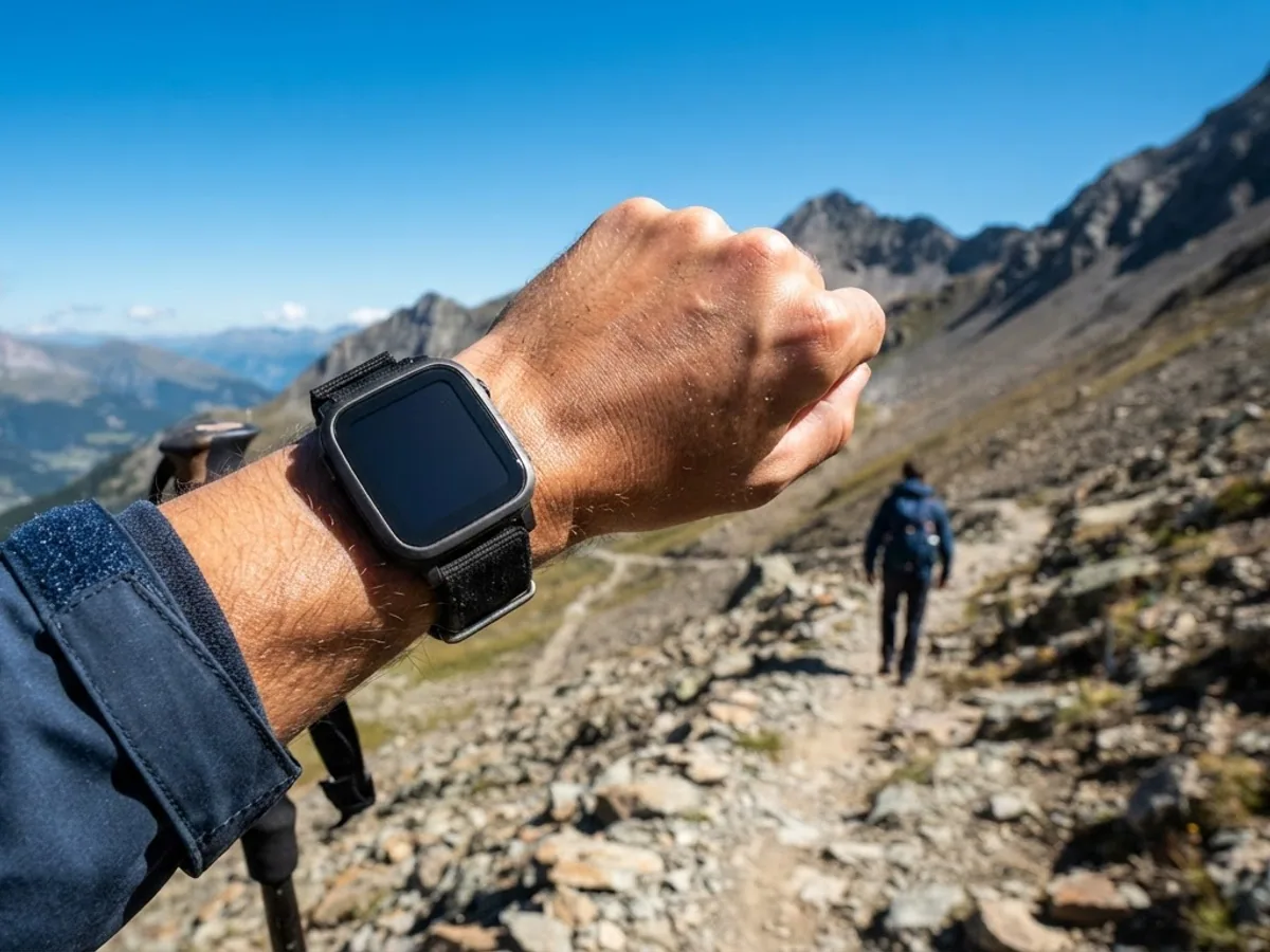 A hiker's raised wrist wearing a square smartwatch on a rocky mountain trail, with a second hiker further up the path
