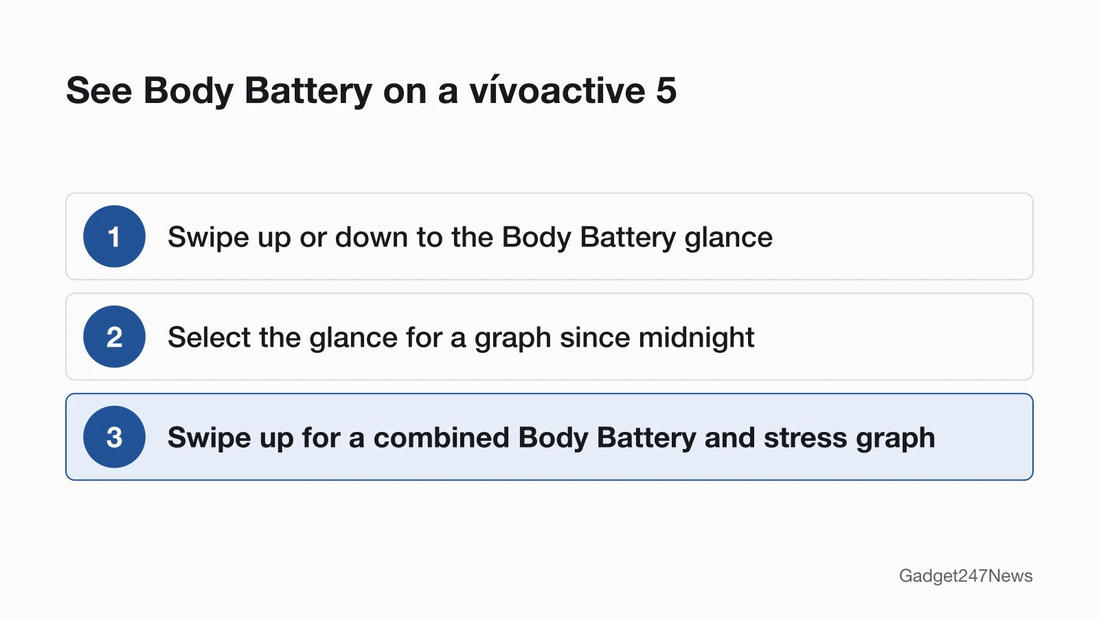 Diagram of three steps to see Body Battery on a Garmin vívoactive 5: swipe up or down to the Body Battery glance, select it for a graph since midnight, then swipe up for a combined Body Battery and stress graph.