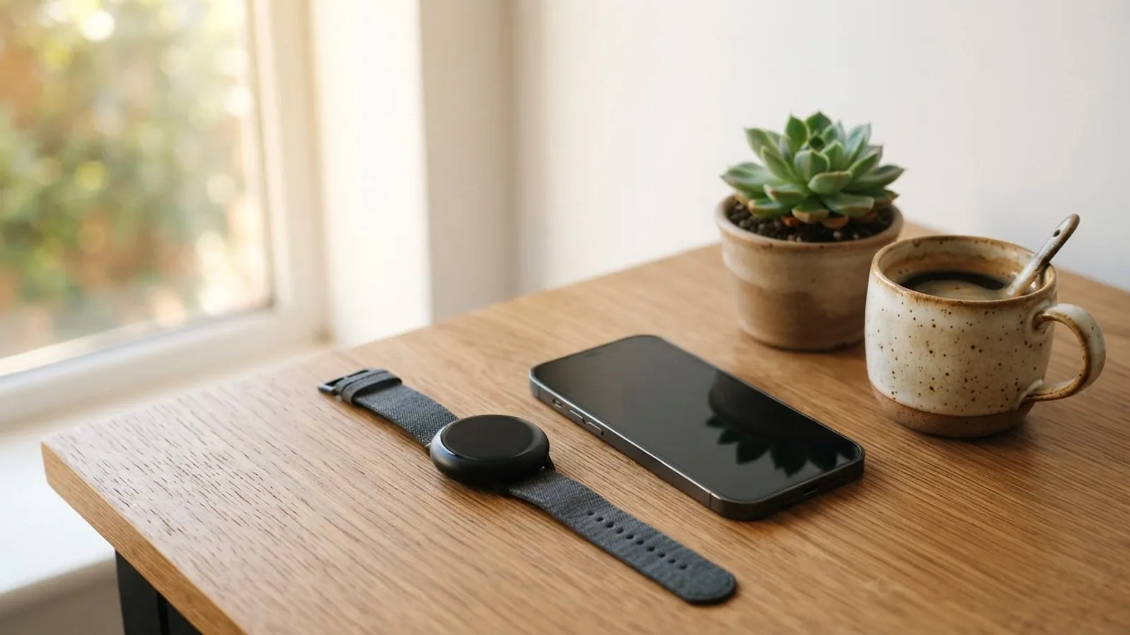 A round sport watch lying next to a smartphone with a dark screen on a sunny wooden desk beside a mug and a small plant.
