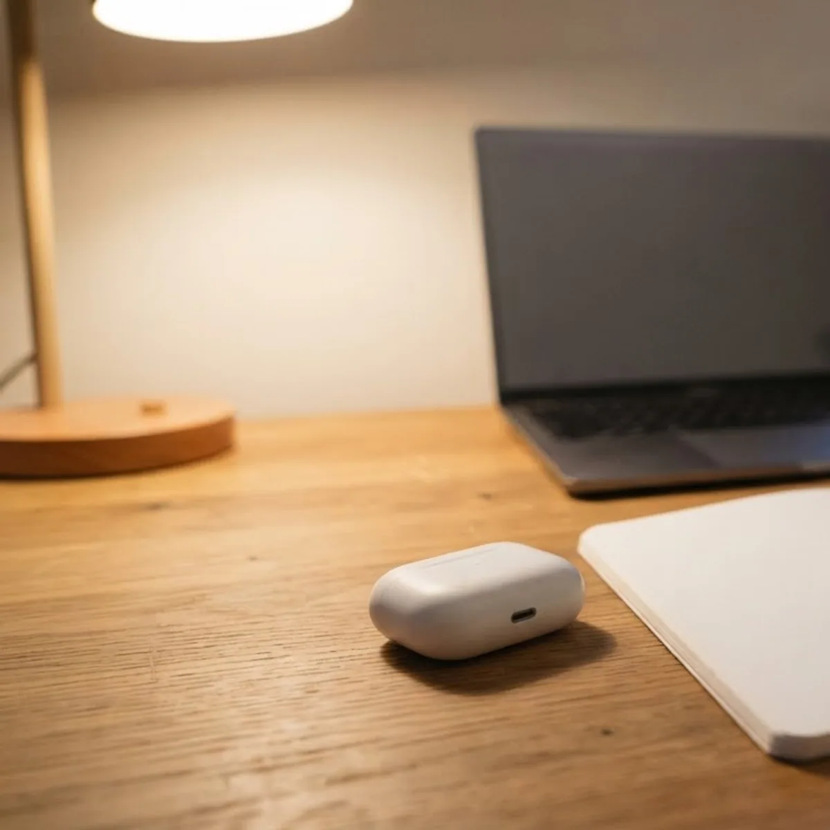 White earbud case beside a blank open notebook and pen on a home office desk, with a laptop and a plant behind