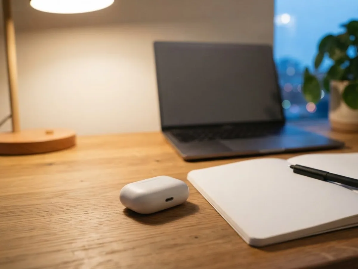White earbud case beside a blank open notebook and pen on a home office desk, with a laptop and a plant behind
