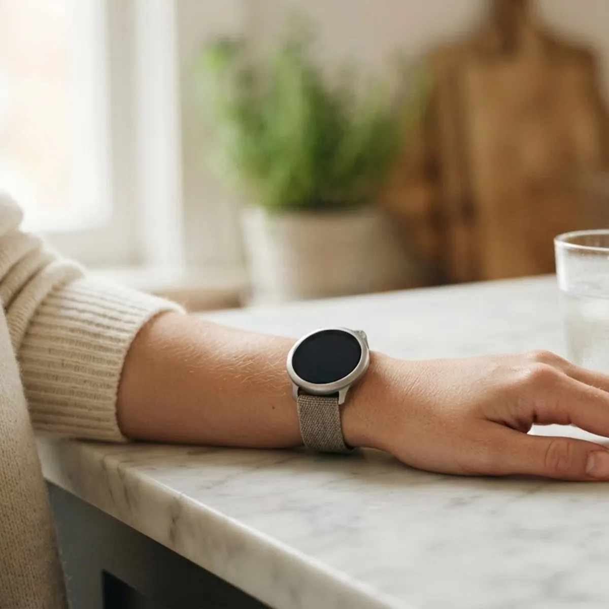A forearm resting on a white marble counter, wearing a round smartwatch on a fabric strap, beside a glass of water and a bowl of green apples.