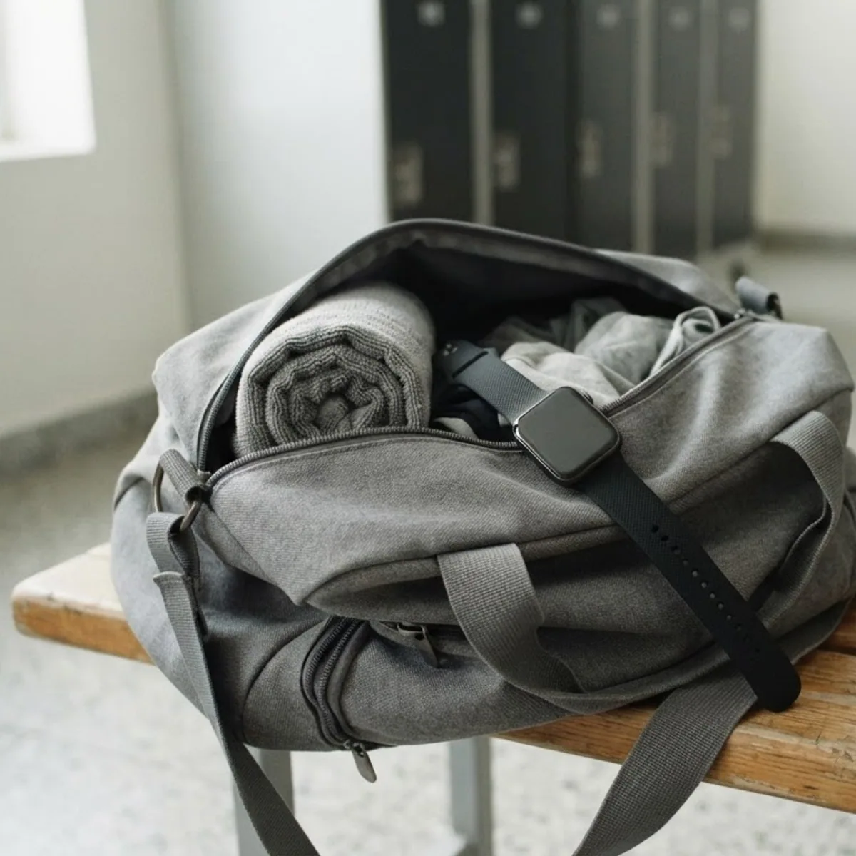 Smartwatch lying on an open gym bag on a locker room bench next to a water bottle