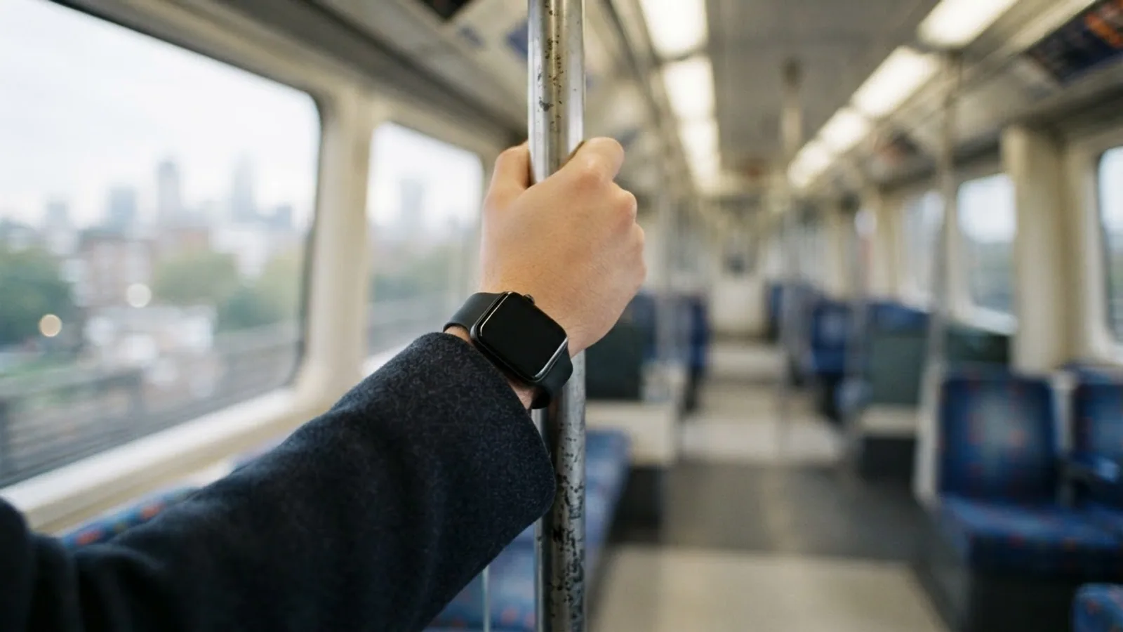 Commuter's hand holding a grab pole in an empty train carriage, with a smartwatch on the wrist