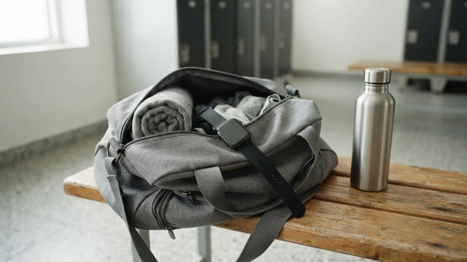 Smartwatch lying on an open gym bag on a locker room bench next to a water bottle