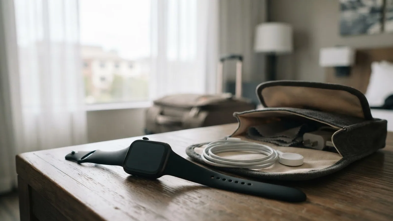 Smartwatch on a hotel desk next to a travel pouch holding a coiled charging cable