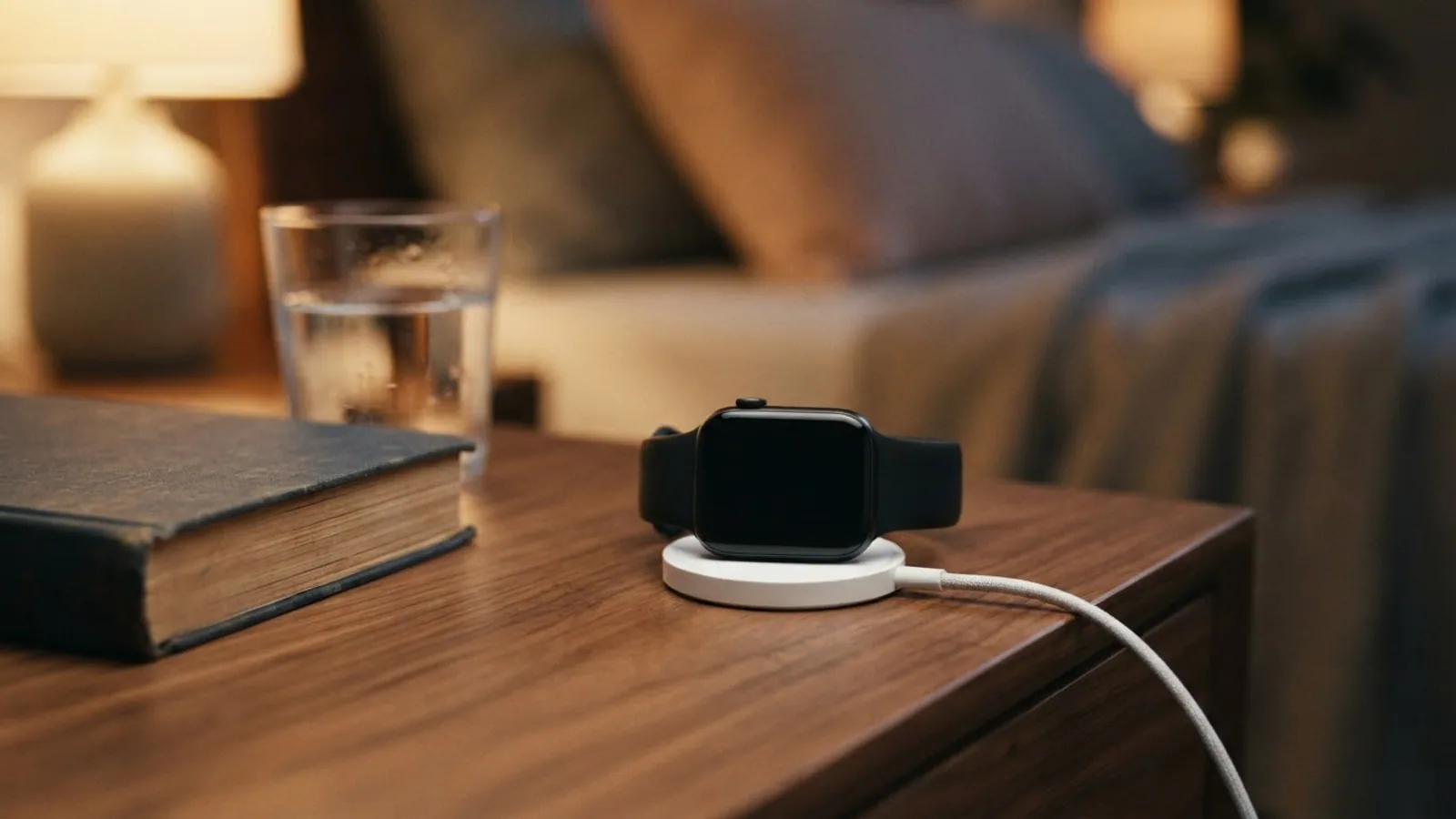 Smartwatch sitting on a round charging pad on a bedside table at night