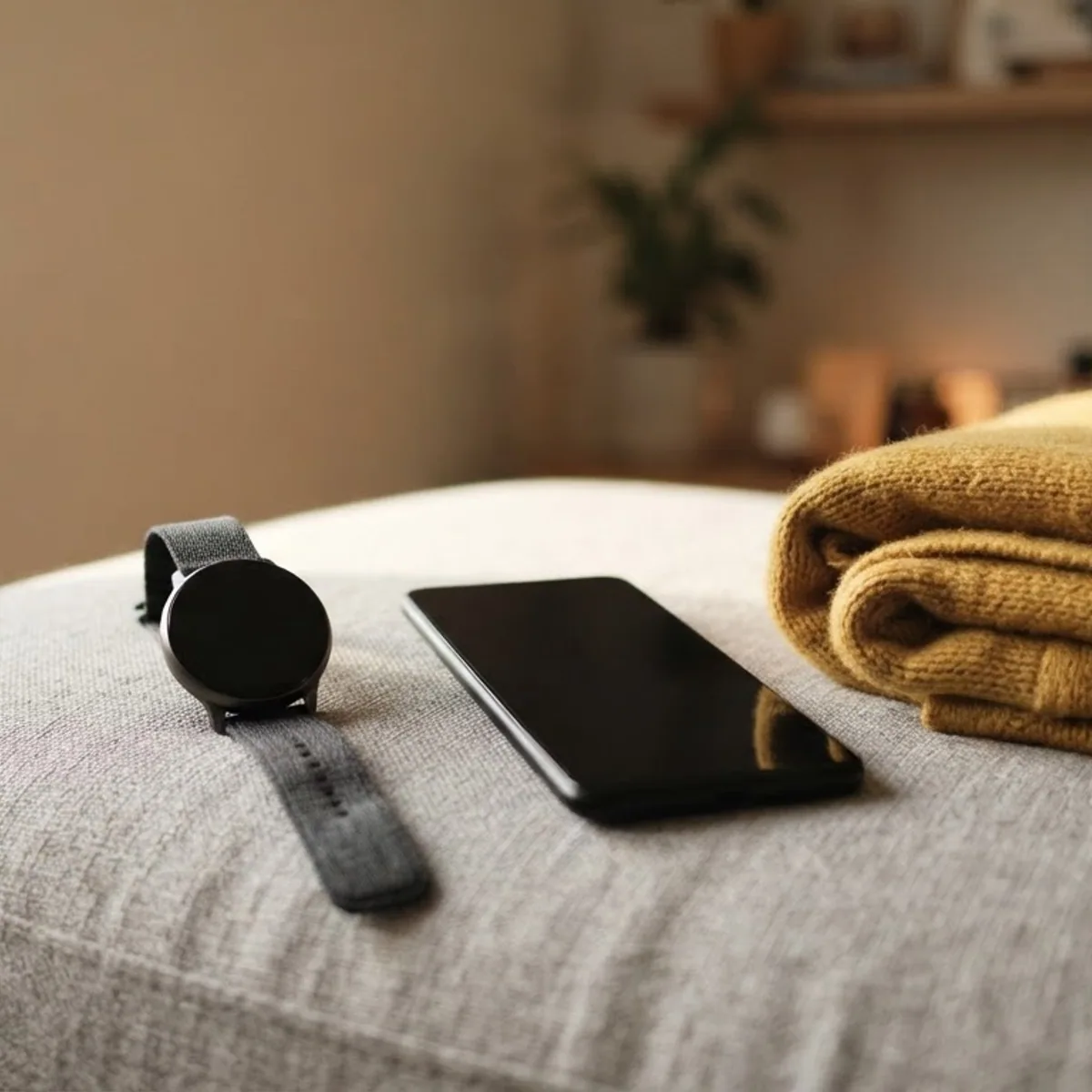 A round smartwatch on a grey fabric strap and a smartphone with a dark screen lying side by side on a grey sofa cushion near a mustard throw.