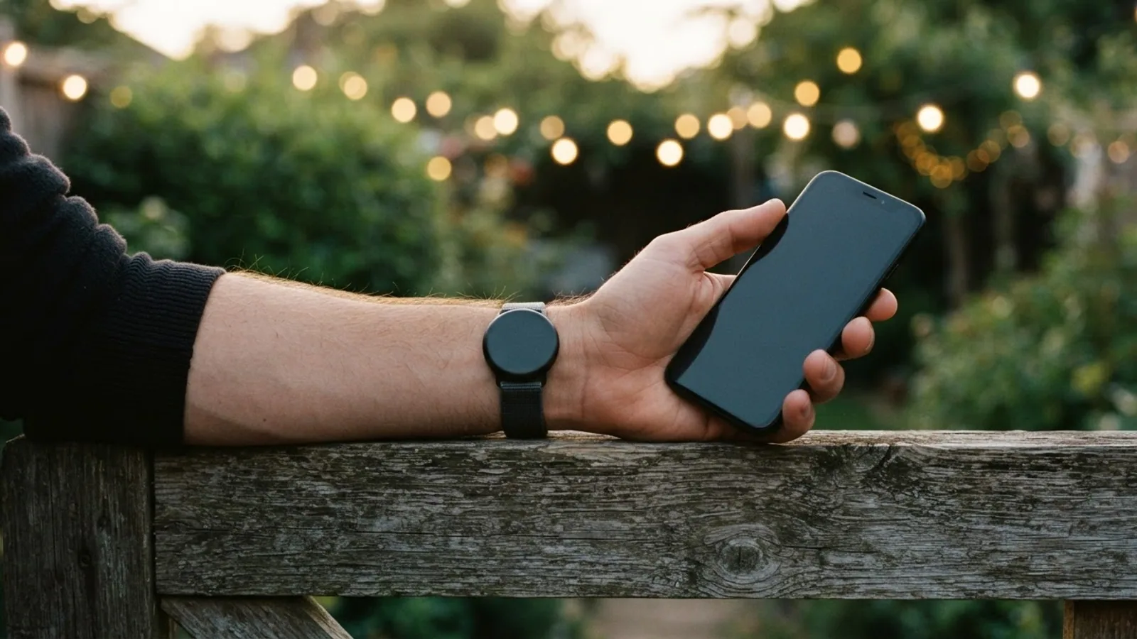 A hand holding a smartphone with a dark screen, with a round smartwatch on the wrist, resting on a wooden garden fence at dusk.
