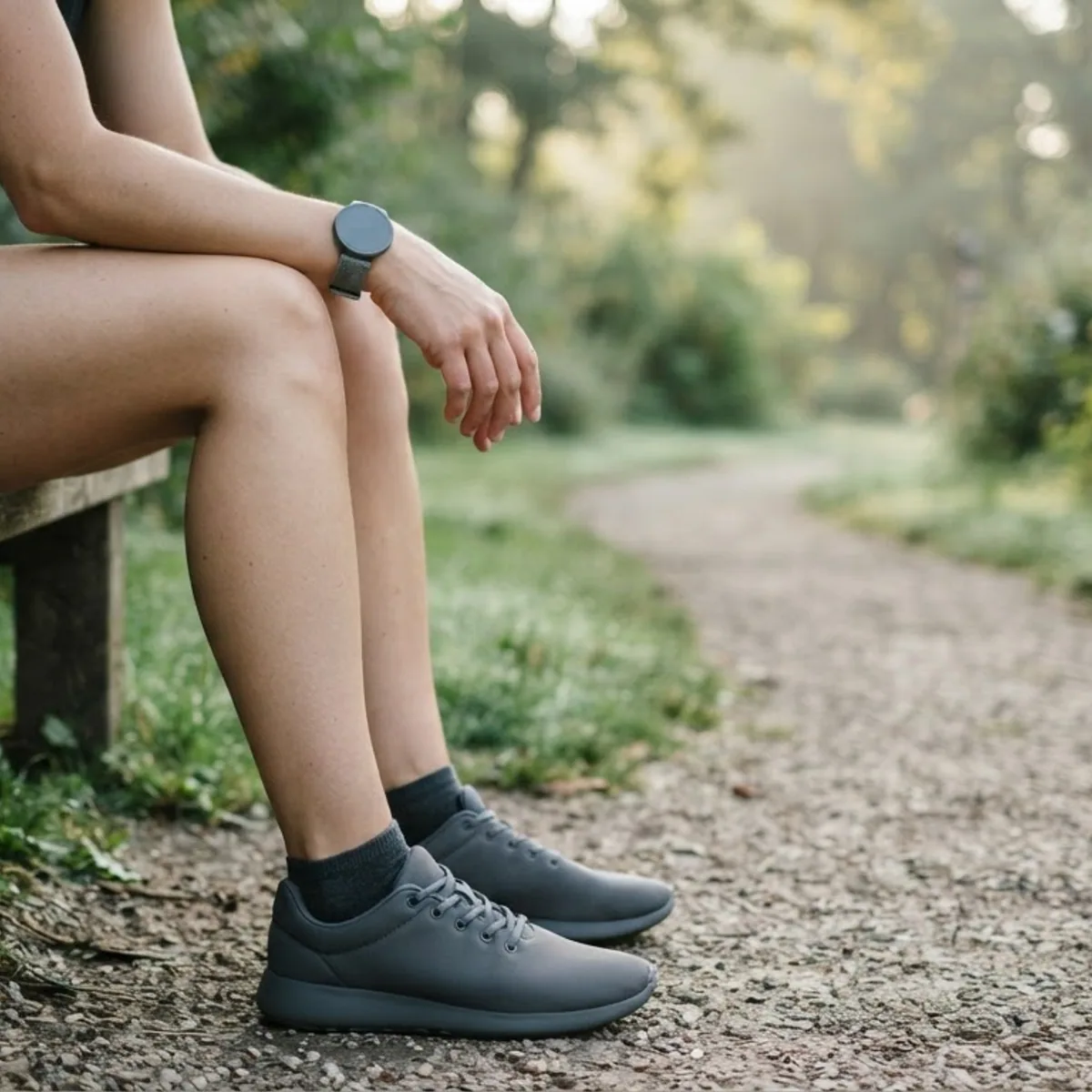 A runner sitting on a wooden park bench with a round smartwatch on the wrist, forearm resting on a knee, beside a gravel path.