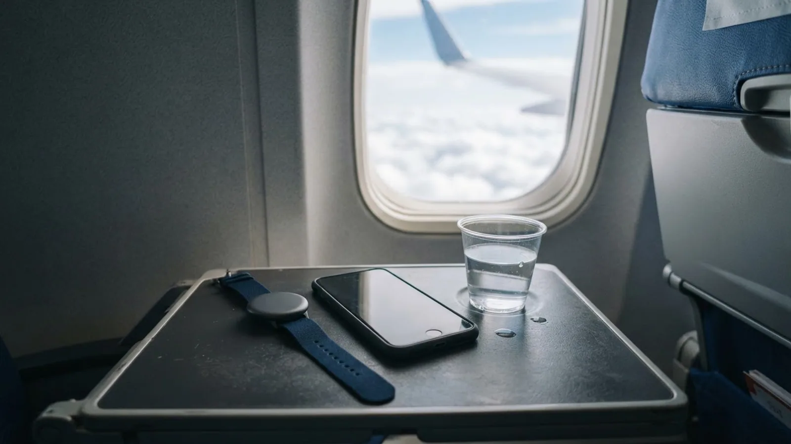 A round smartwatch on a blue fabric strap next to a smartphone and a plastic cup of water on an airplane tray table by the window.