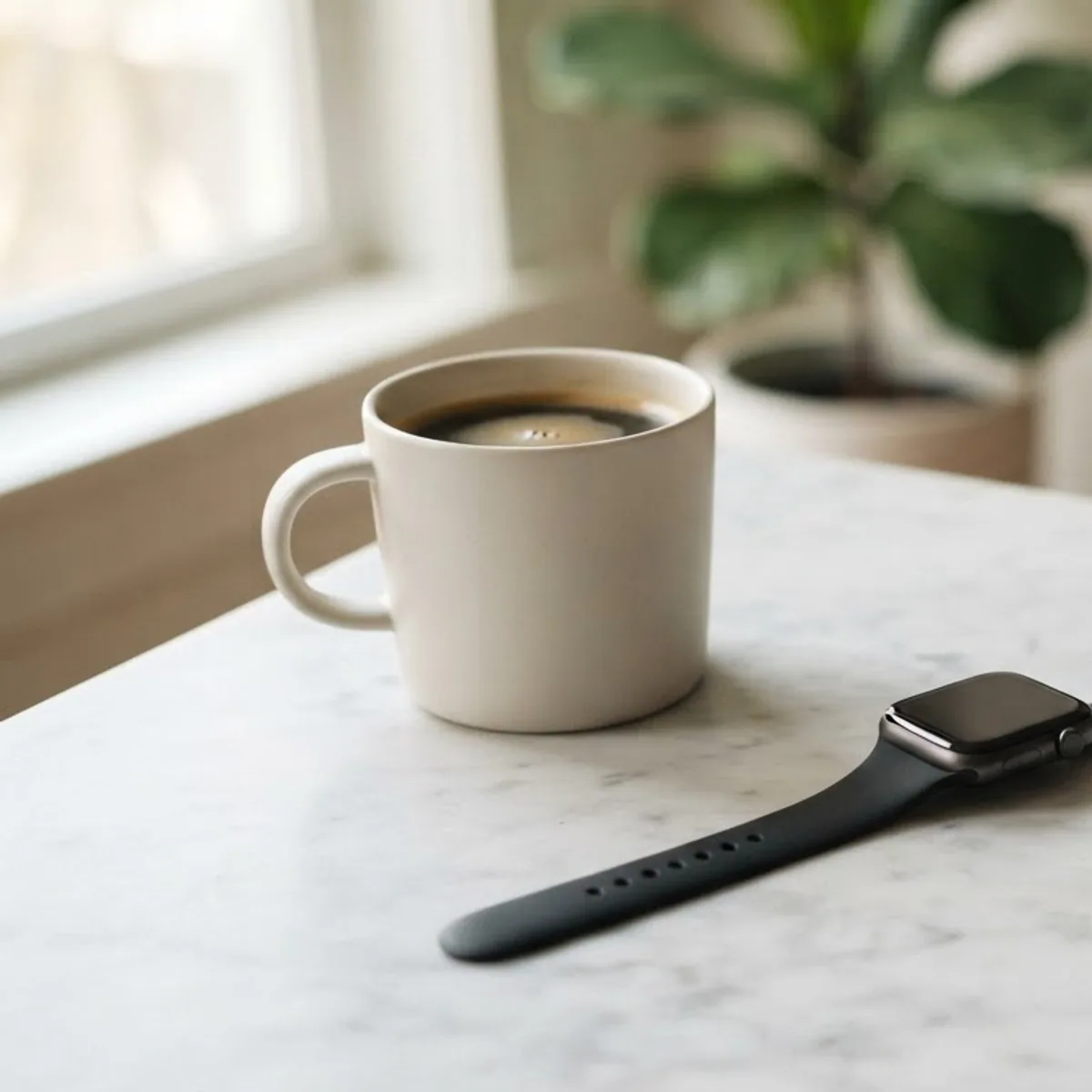 Smartwatch with a dark screen lying on a marble kitchen counter beside a coffee mug