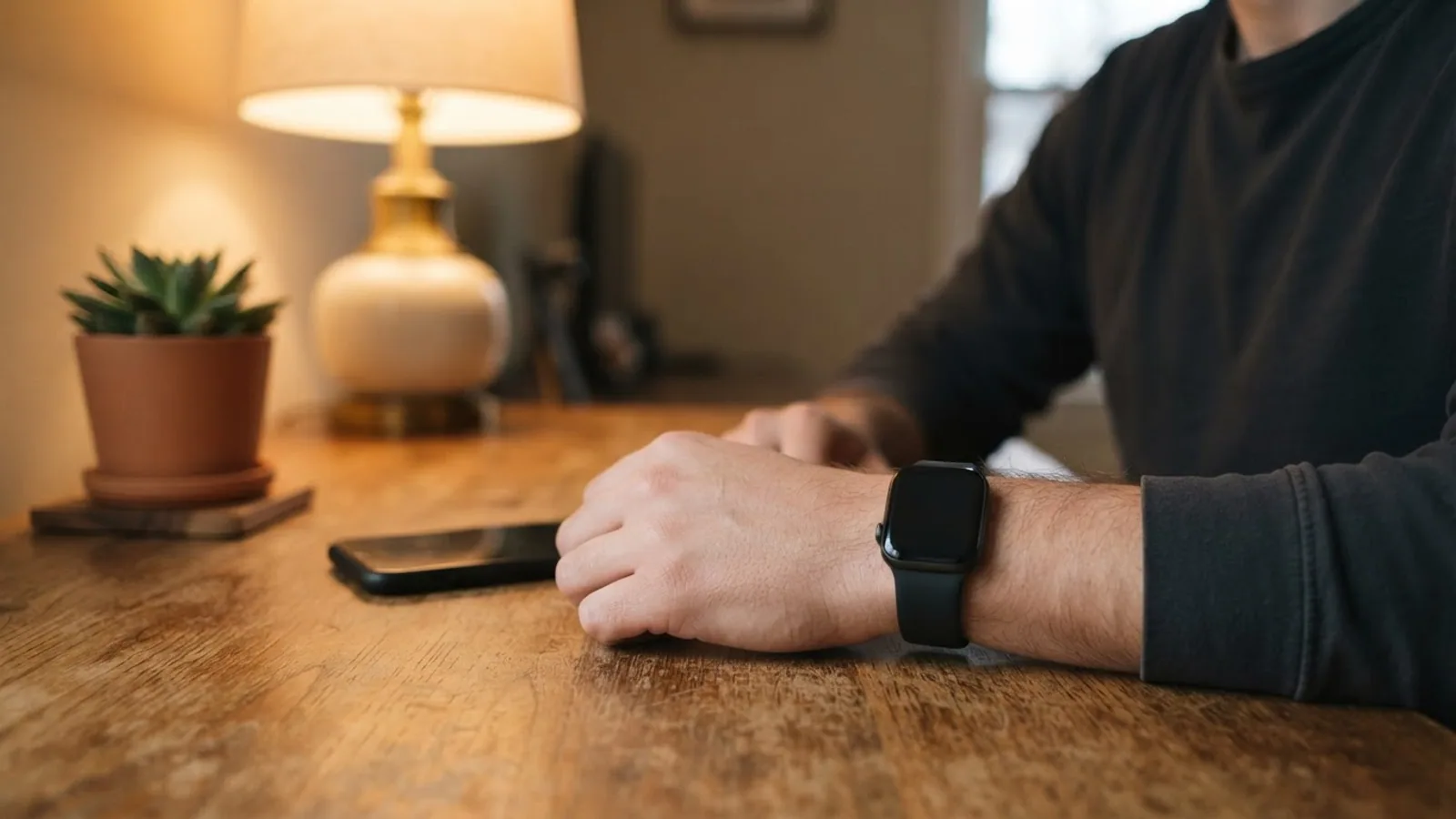 Person at a wooden desk wearing a smartwatch, with a phone lying beside their hand