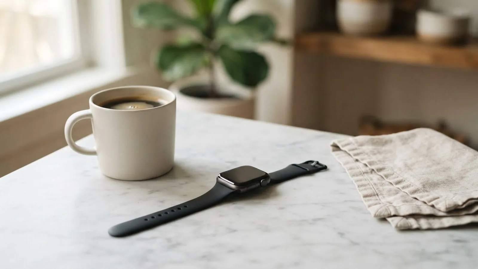 Smartwatch with a dark screen lying on a marble kitchen counter beside a coffee mug