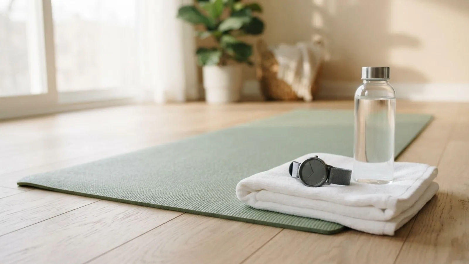 A watch with a round grey face on a grey fabric strap lying on a folded white towel beside a green yoga mat and a glass water bottle.