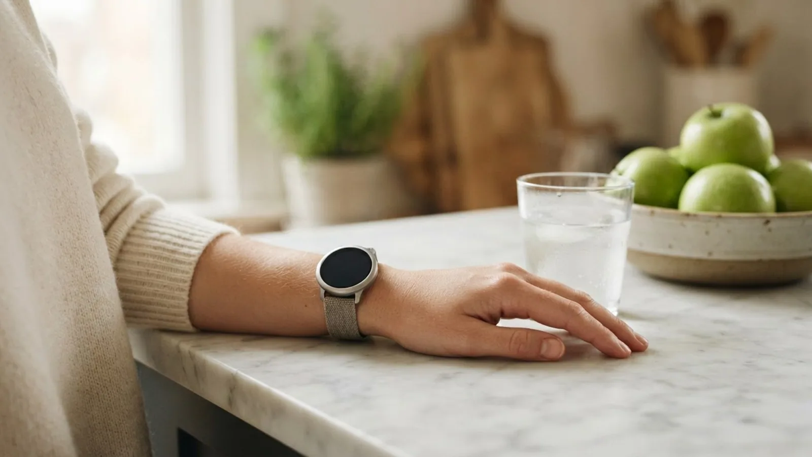 A forearm resting on a white marble counter, wearing a round smartwatch on a fabric strap, beside a glass of water and a bowl of green apples.
