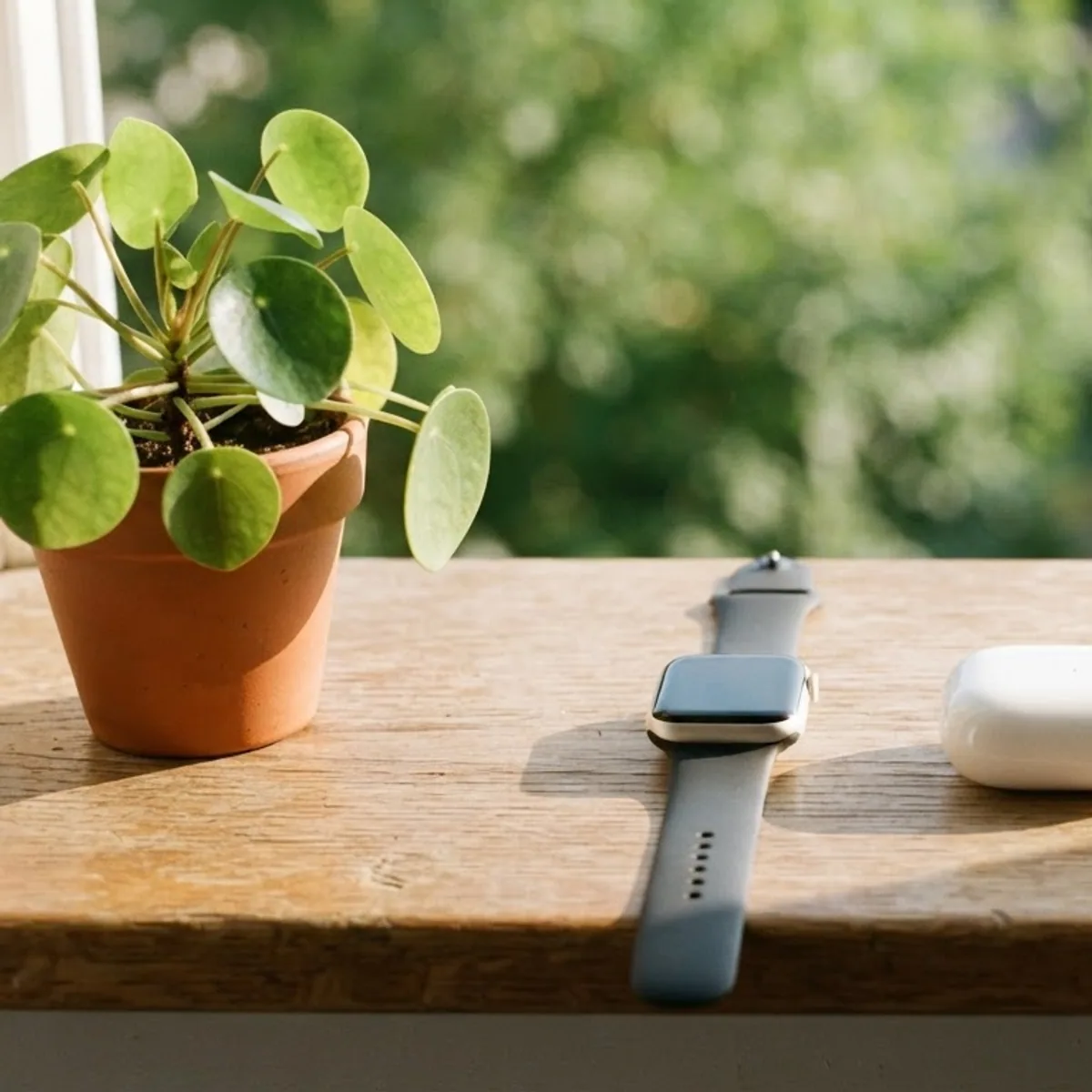 Smartwatch, closed earbuds case and a phone lying face down on a sunny windowsill