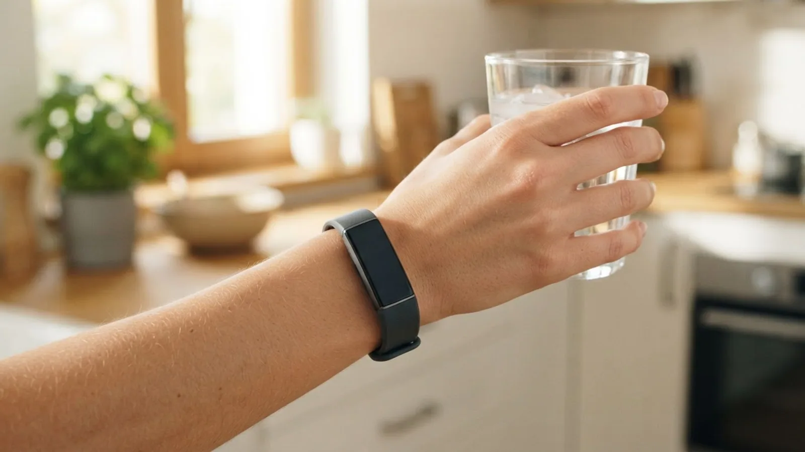 A wrist wearing a slim fitness tracker band while the hand holds a glass of water in a bright kitchen