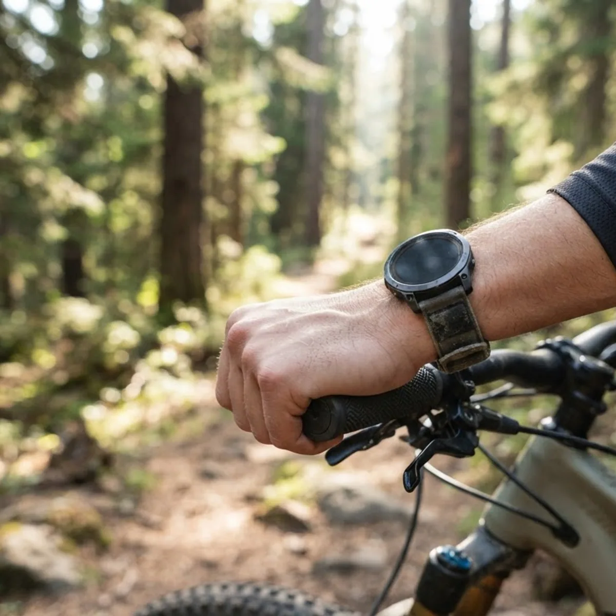 A wrist wearing a round sports watch on a mountain bike handlebar on a forest trail