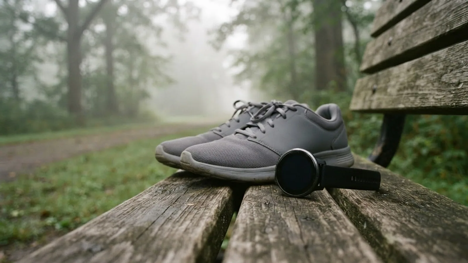 A round sports watch lying on a weathered park bench beside a pair of grey running shoes on a misty morning
