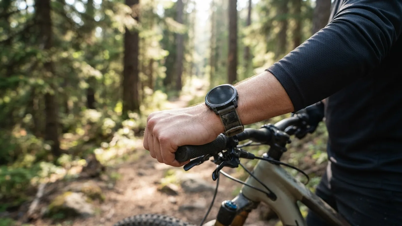 A wrist wearing a round sports watch on a mountain bike handlebar on a forest trail