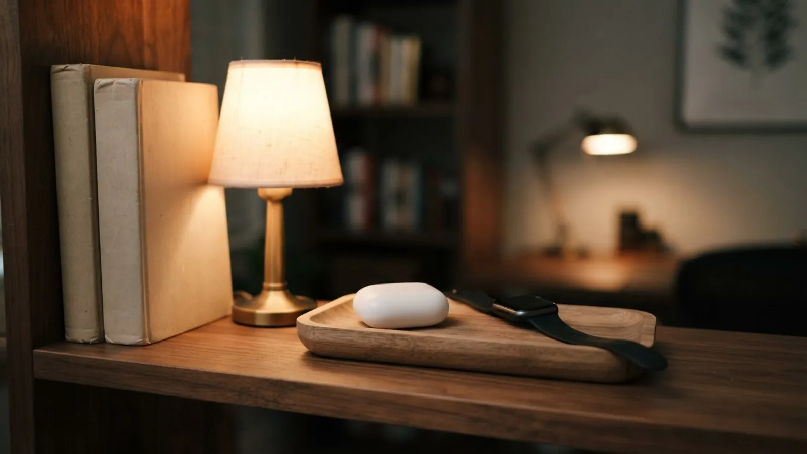 Earbuds case and a smartwatch on a wooden tray on a home office shelf, lit by a lamp