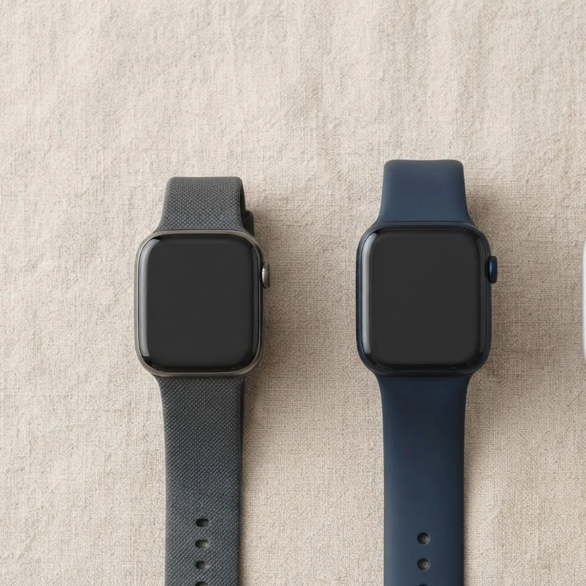 Three smartwatches with grey, navy and sand bands lined up on a linen cloth