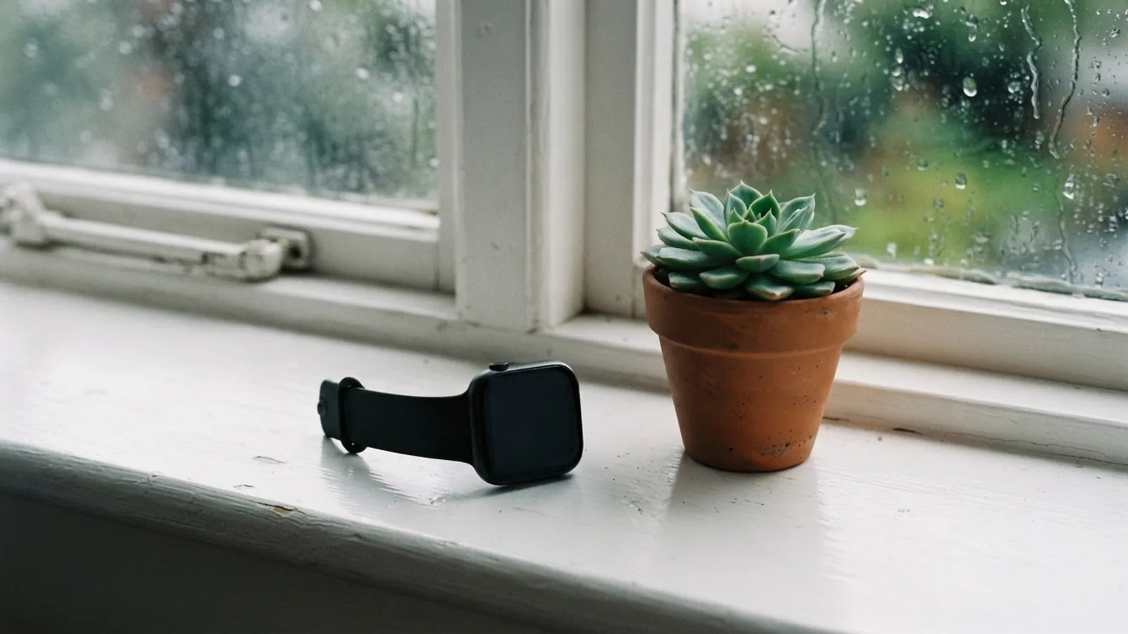 Smartwatch lying on a white windowsill beside a small succulent, with rain on the window