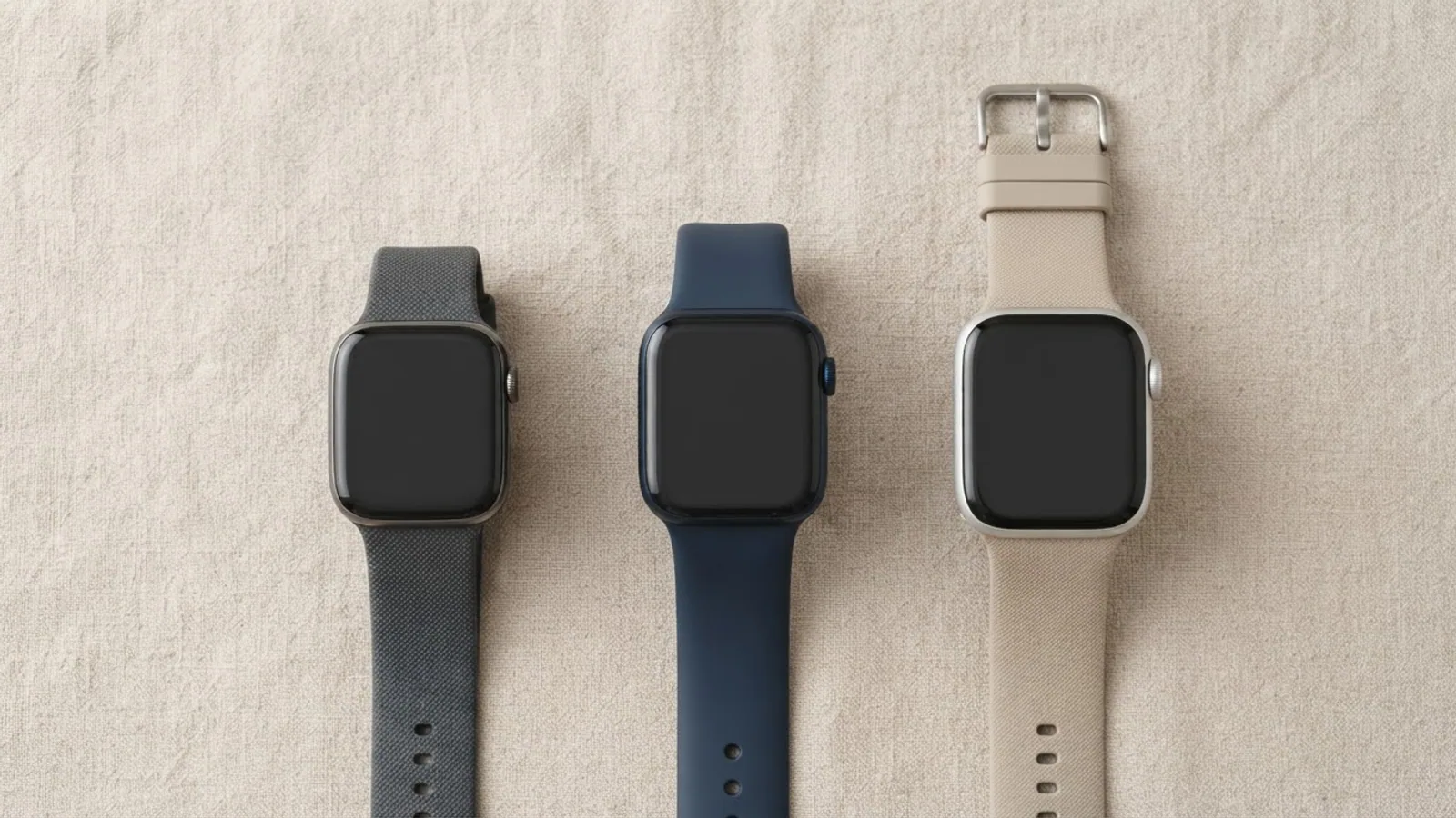 Three smartwatches with grey, navy and sand bands lined up on a linen cloth